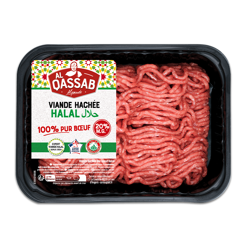 Viande hachée halal 100% pur boeuf de la marque halal Al Qassab, avec 20% de matière grasse.