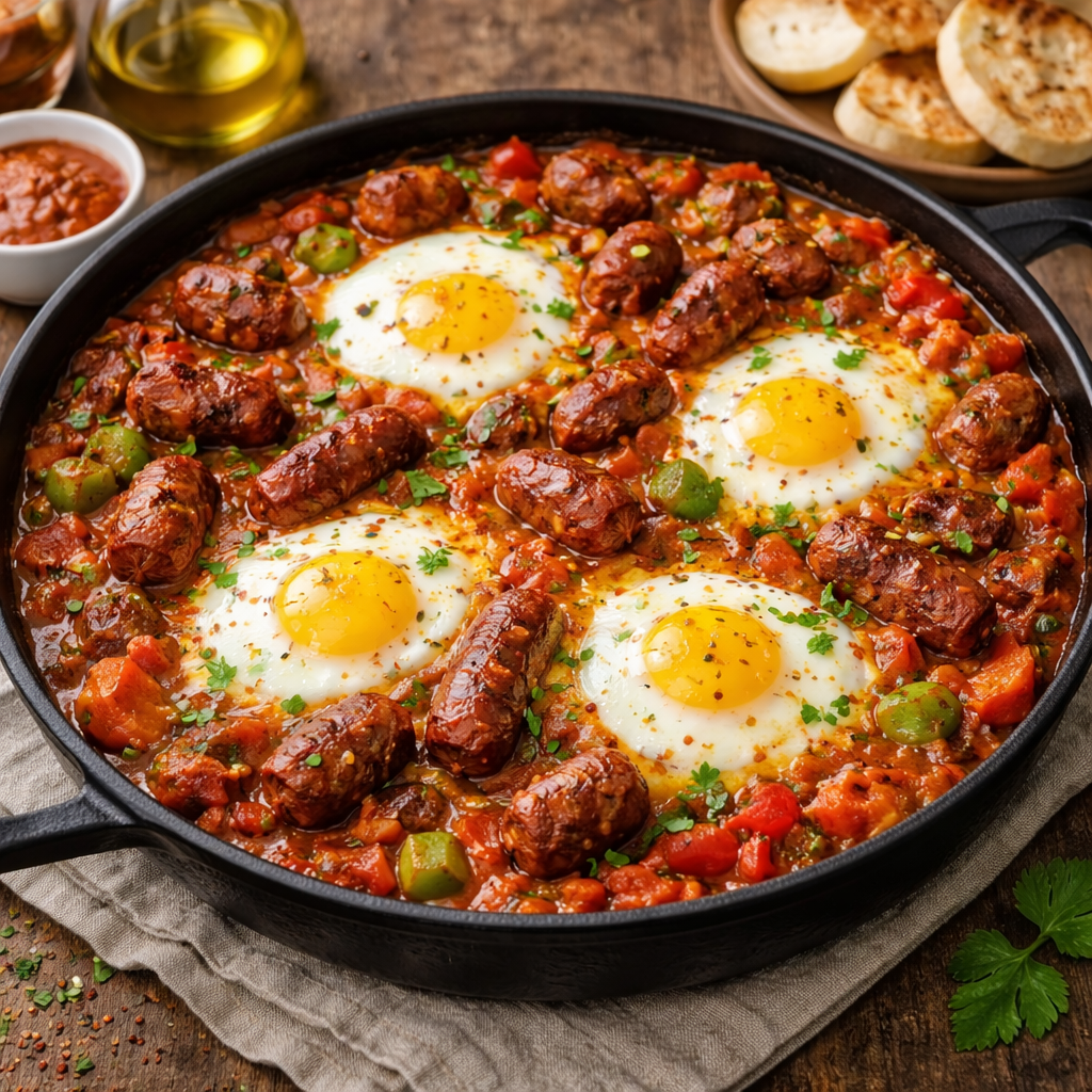 Plat de chakchouka aux merguez de bœuf halal AL QASSAB