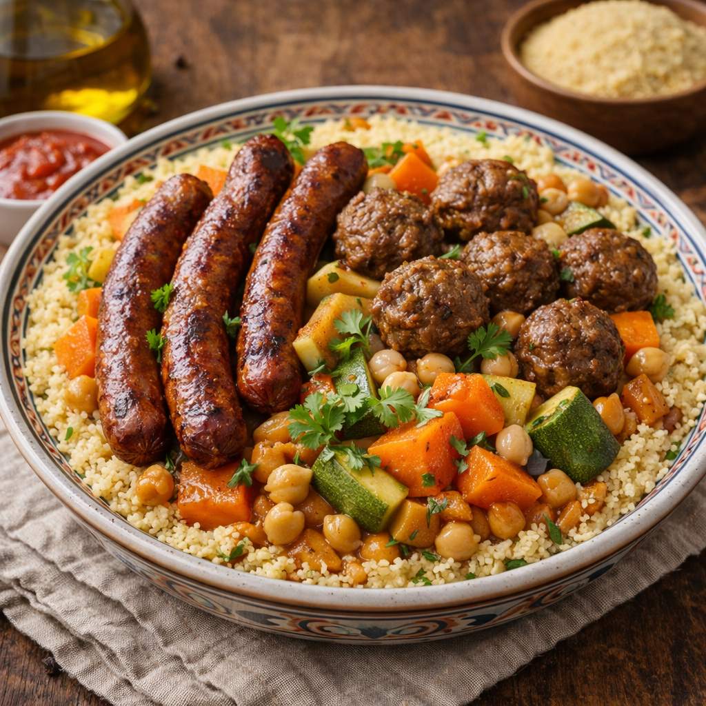 Plat de couscous avec des merguez de bœuf halal AL QASSAB et des boulettes de bœuf halal AL QASSAB.