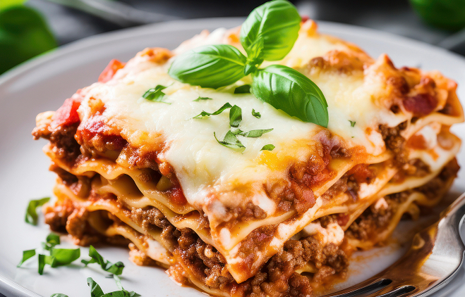 Assiette avec une part de lasagne halal au boeuf