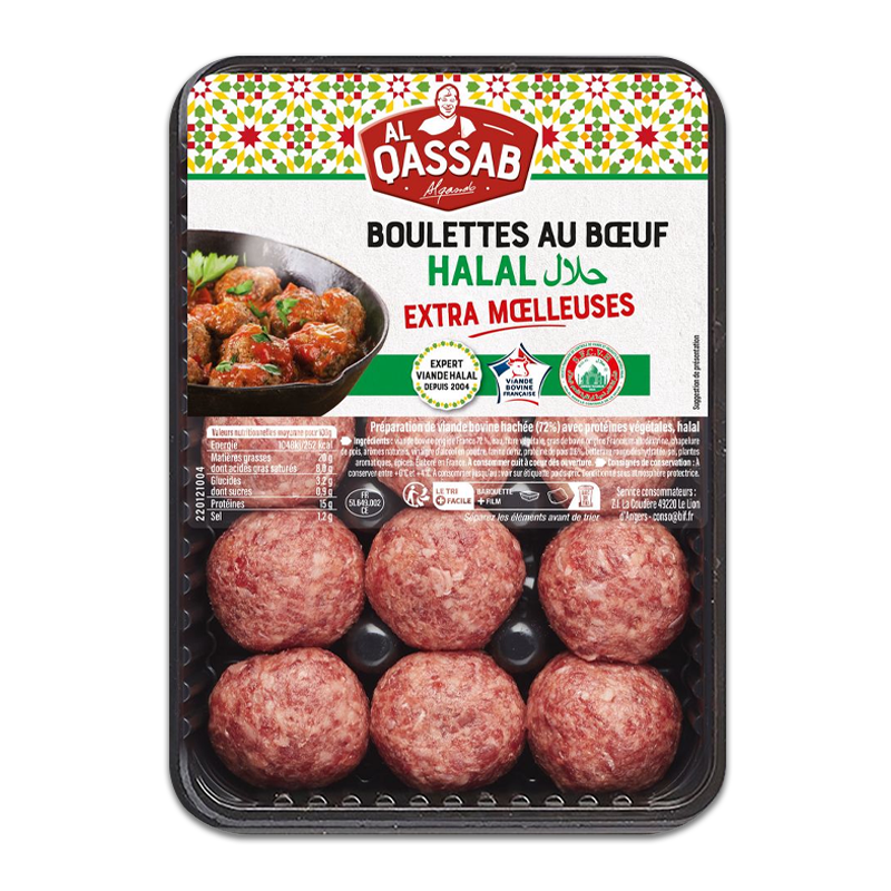 Boulettes de boeuf hala extra moelleuse de la marque Al Qassab. Format du packaging en 15 boulettes de 25 grammes.