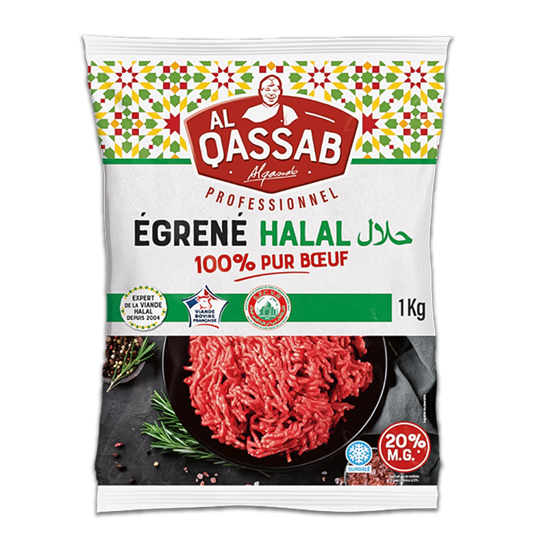 Egréné de boeuf halal pour les professionnel, préparé par la marque halal Al Qassab.