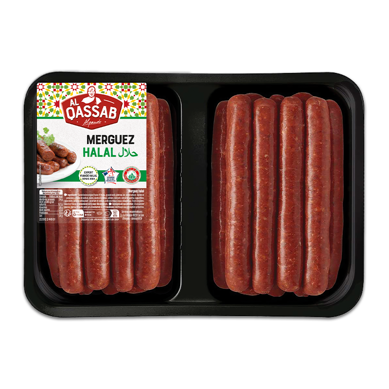 Merguez halal de la marque Al Qassab, sur un packaging grand format, idéal pour les familles.