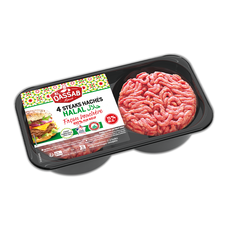 Steaks hachés ronds halal de la marque Al Qassab, façon bouchère, 15% de matière grasse.