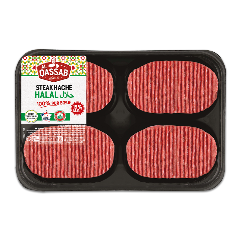 Steaks hachés halal de la marque Al Qassab, striés, avec 15% de matière grasse. Le packaging contient 8 steaks de 100 grammes chacun.