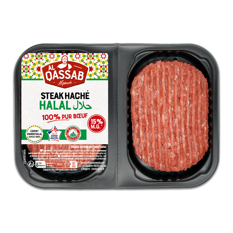 Steak haché halal 100% pur boeuf de la marque halal Al Qassab. Ce packaging contient deux steaks de 100 grammes.